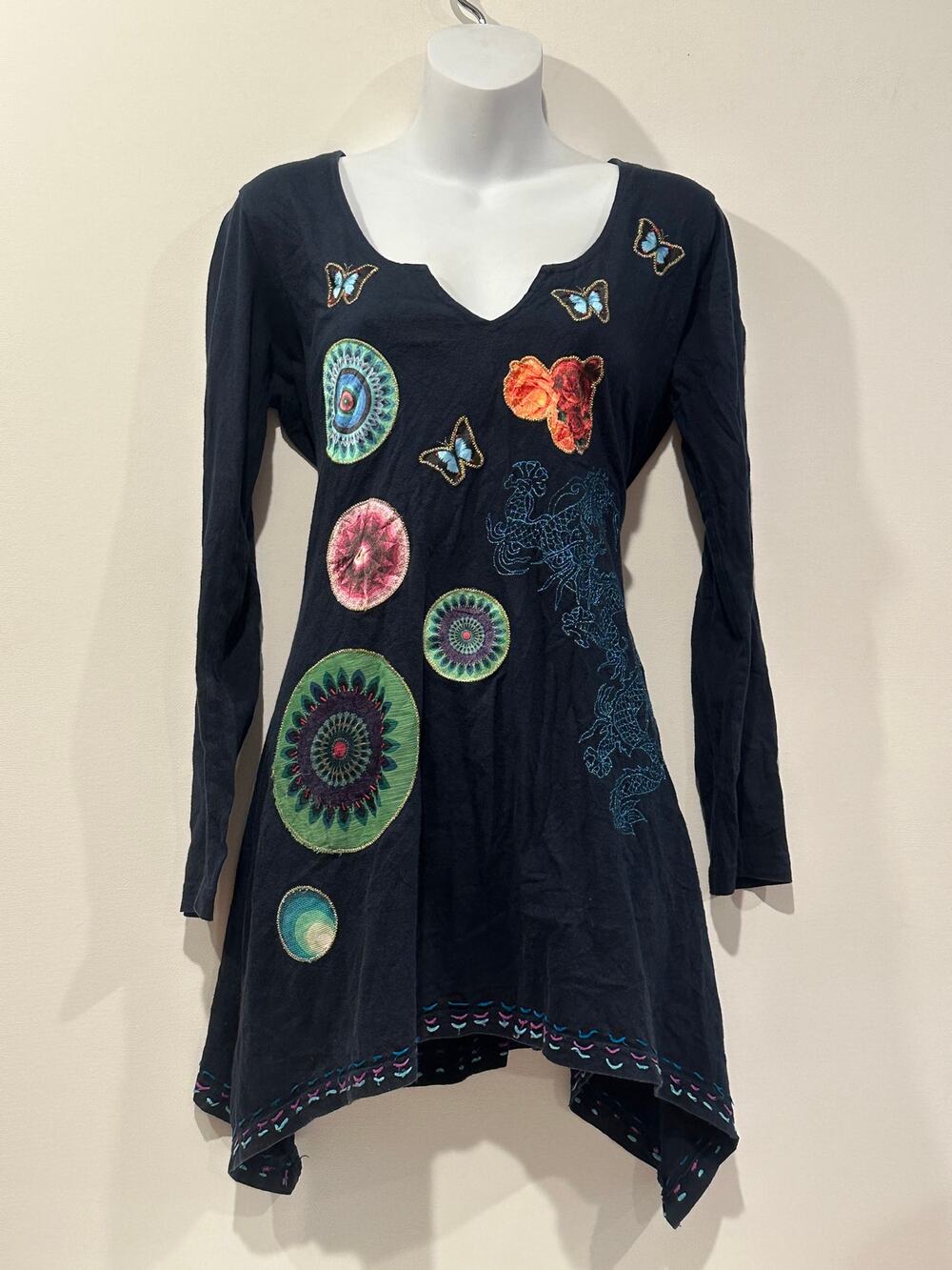 Vintage Desigual Navy Embroidered Dragon Butterfly Hanky Hem Tunic Dress M
